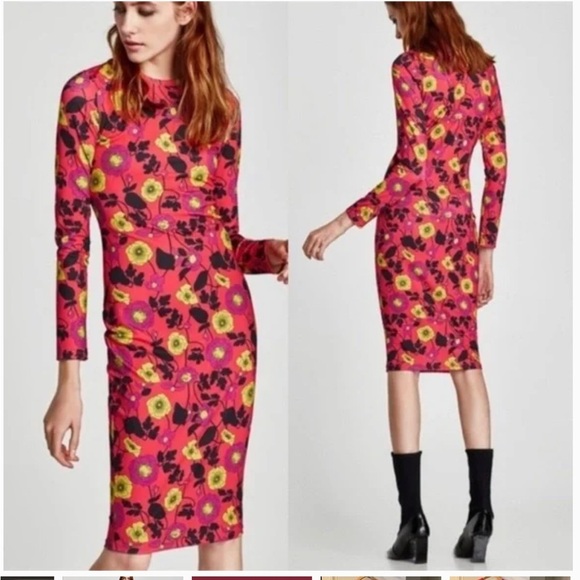 Zara Dresses & Skirts - Zara Floral Bodycon Stretch Midi Long Sleeve Dress Size M